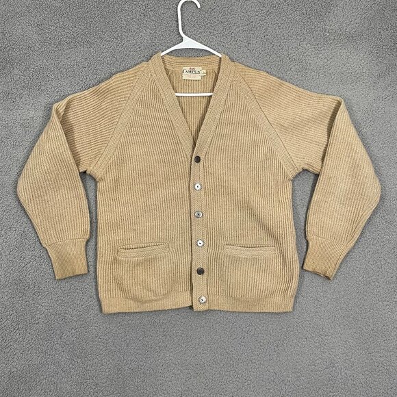 VTG Campus Wool Blend Cardigan Men L Tan Knit Grandpa USA Button Front Sweater - Picture 1 of 7